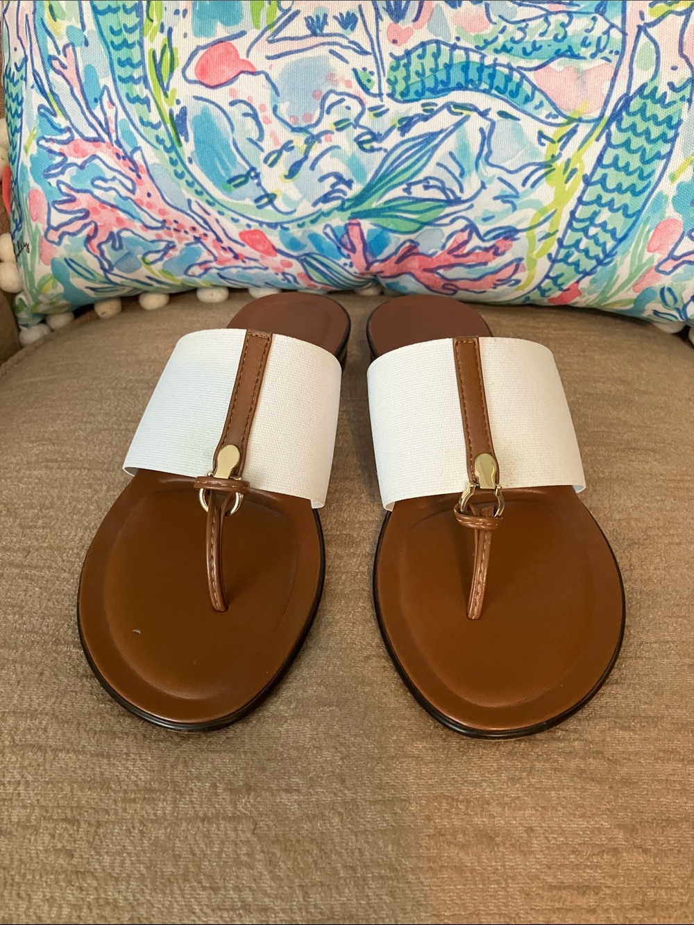 Italian Shoemakers White and Brown Leather-Trim Slide Sandals